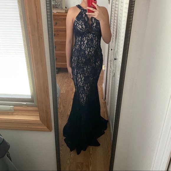 Navy blue holster lace fitted prom dress - Picture 1 of 7